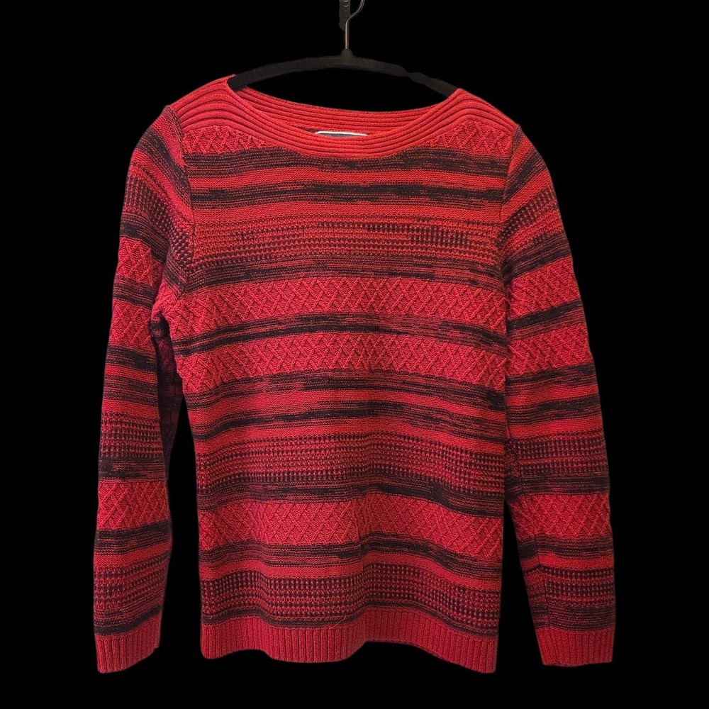 Karen Scott Medium Cotton‎ Acrylic Boatneck Sweater Red Black Stripes